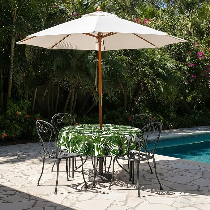 LVTXIII Outdoor Tablecloth with Umbrella Hole and Zipper, 60 Inch Water-Repellent Patio Table Cloth, Round Table Covers for Backyard Garden, Palm Green