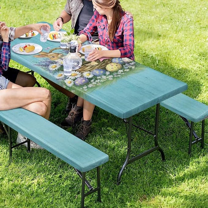 Easter Bunny Picnic Table Cover Elastic Fitted Table Cloth for Camping Party Easter Bunny Picnic Table Cover with Bench Covers 3 PCS for Outdoors
