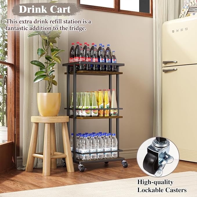 OKZEST 3-Tier Bar Cart for Home, Mini Rolling Liquor Cabinet & Serving Cart | Small alcohol coffee bar cart for party, Holds wine, liquor, beverage, glassware, shaker, coffee supplies, Rustic farmhouse