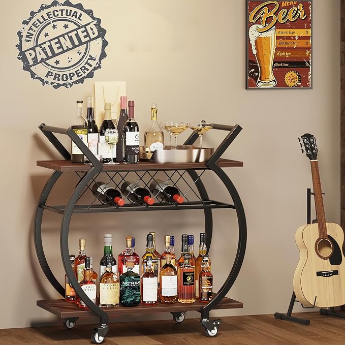 LVB Modern Bar Cart, Industrial Rolling Wine Cart with Wine Rack, Walnut | Coffee Liquor Drink Cart with Storage and Wheels, Wood and Metal Kitchen Microwave Beverage Cart for Home