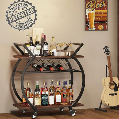 LVB Modern Bar Cart, Industrial Rolling Wine Cart with Wine Rack, Walnut | Coffee Liquor Drink Cart with Storage and Wheels, Wood and Metal Kitchen Microwave Beverage Cart for Home