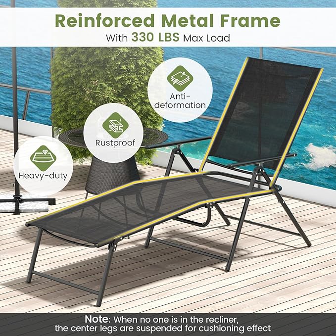 Giantex Lounge Chair Outdoor Set of 2 - Tanning Chair with 6 Adjustable Backrest, 2-Level Footrest, Folding Sunbathing Lounger for Patio, Poolside, Yard, Chaise Lounge Chair, Beach Chair (Black)
