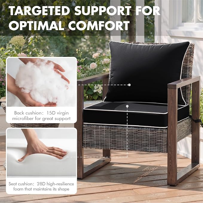 MIULEE Black Outdoor Seat Cushion 24x24 Inch Waterproof Cushion | Deep Seat and Back Cushion for Patio Furniture Chair Sofa Couch, Fade Resistant, Handle and Adjustable Straps
