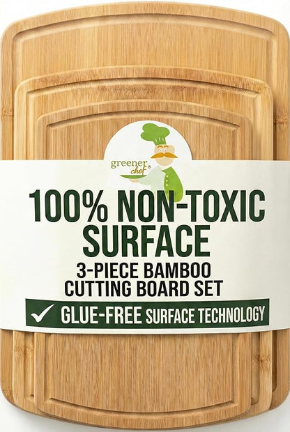 Greener Chef Luxury Bamboo Cutting Board Set of 3 with Glue-Free Surface Technology - Extra Spacious Wood Cutting Boards for Kitchen and XL Chopping Board Set - Replacements for Life