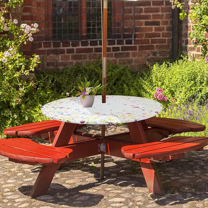 Elastic Zipper Patio Table Cover with Umbrella Hole Waterproof Polyester Outdoor Tablecloth, Windproof Fitted Round Table Cover for Picnic, Garden & Backyard