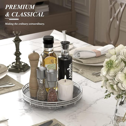 AHM10-Inch Gray Marble Lazy Susan with Silver Iron Frame | Smooth rotating oak tray with walnut finish for dining tables, kitchen counters, pantries and cabinet storage.