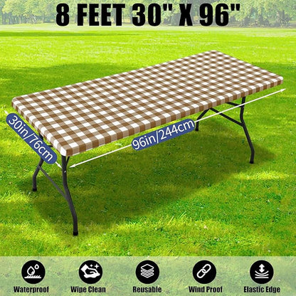 Smiry Picnic Table Cloth 2 Pack, Waterproof Elastic Fitted Tablecloths for 8FT Rectangle Tables, Washable Polyester Buffalo Plaid Tablecloth for Camping, Dining & Outdoor (Brown & White, 30" x 96")