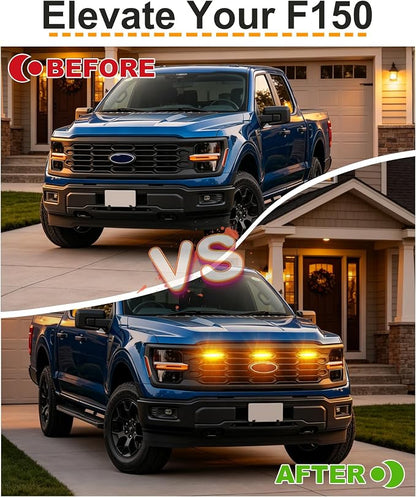 LED Grill Lights for Ford F150 2024-2026 Accessories XL Only, Amber | Direct-Snap F150 Front Grille Marker Lights, OEM-Style Fit, IP68 Waterproof, Raptor-Style Front-End Upgrade, Off-Road Ready