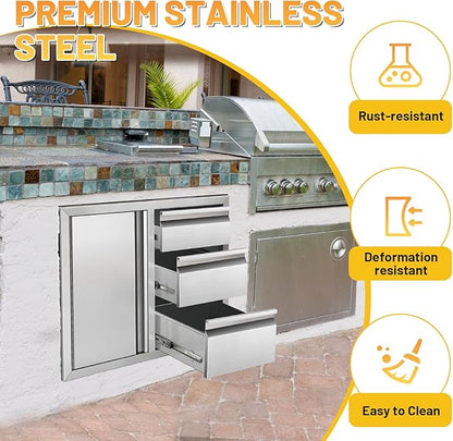 Outdoor Kitchen Drawer Combo Cabinet Stainless Steel Triple Drawers & Access Door, 28" W x 22" H x 19.5" D, Multi-Layer Design with Partition, Perfect for BBQ Grill Station