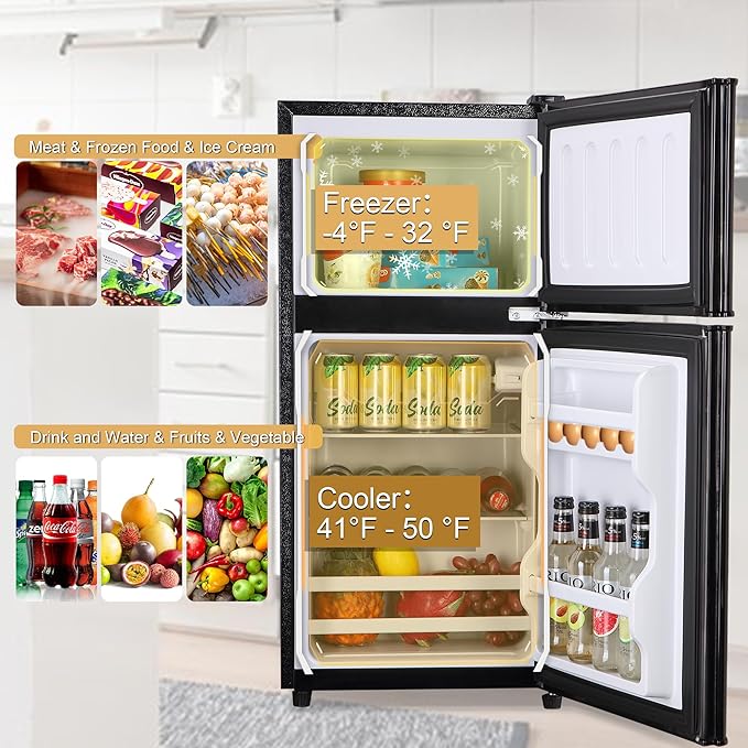 Mini Refrigerator with Freezer, 3.5 Cu. Ft. Small Fridge with Freezer 2 Door Mini Fridge with 7-Level Adjustable Thermostat Removable Shelves, Compact Refrigerator for Office/Dorm/College/RV, Black