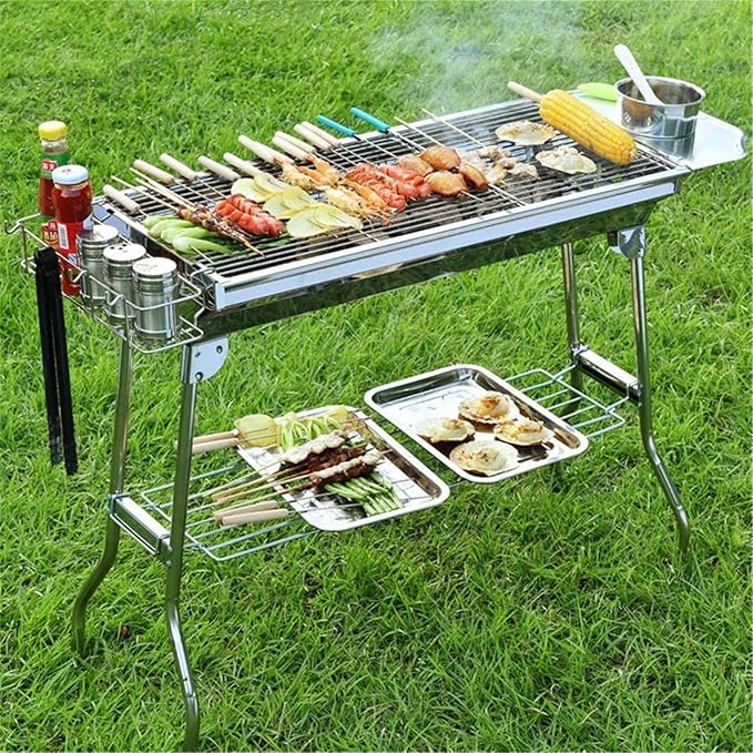 Grill for Outdoor Outdoor Stainless Steel Portable Travel Folding Barbecue BBQ Charcoal Grill with Legs for Camping, Picnic, Outdoor，Silver Chrome Barbecue Grill