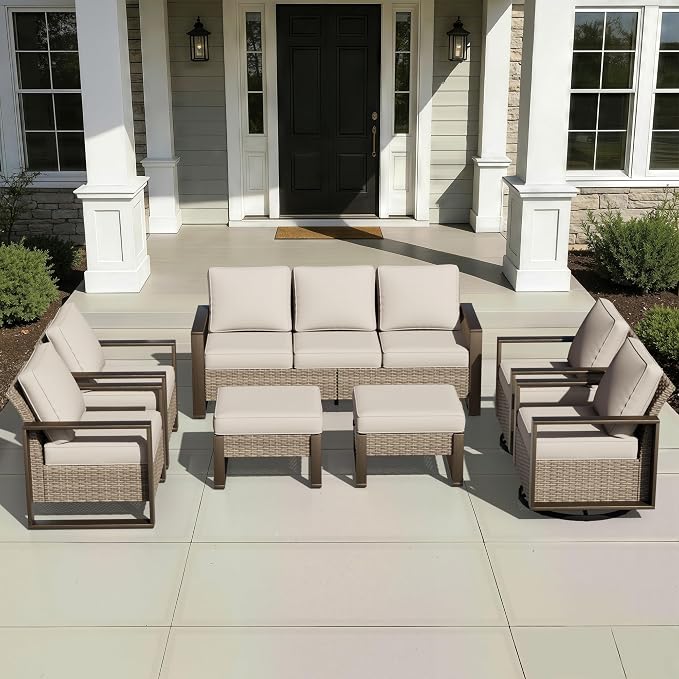 Outdoor patio furniture set on a patio in front of a house.