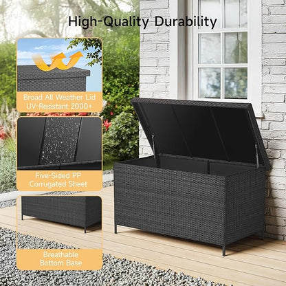 ONBRILL 158 Gallon XL Deck Box with Lid, All Weather Wicker Outdoor Storage Box Waterproof, Large Outdoor Patio Storage Bin for Cushions, Garden Tools, Gears, Pool Accessories, Black