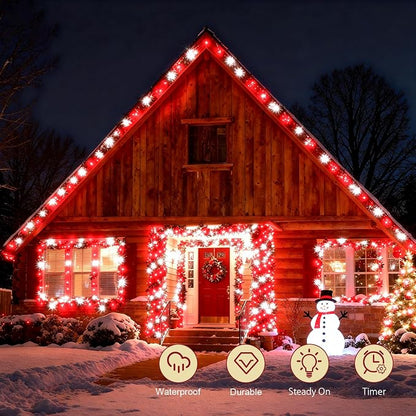 cshare Red and White Christmas Lights Outdoor Battery Operated, Chrristmas String Lights with Timer Waterproof Clear Wire for Indoor & Outdoor Christmas Decorations Garland Party Garden