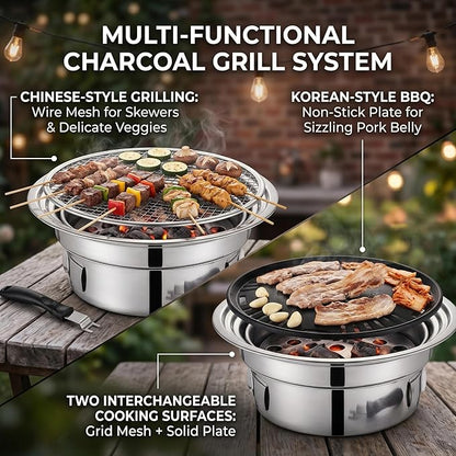 Korean Grill, Korean Bbq Grill, Portable Charcoal Grills with Non-Stick Pan & Net, Small Indoor/Outdoor Charcoal - Indoor