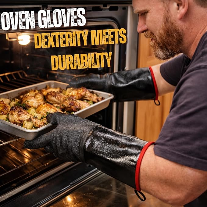 GRILL HEAT AID 932°F Heat Resistant BBQ Grill Gloves - Oil Resistant Waterproof Cooking Gloves for Deep Frying Turkey, Smoker Gloves Heat Proof for Grilling, Handling Hot Meat Rotisserie, 14" Neoprene