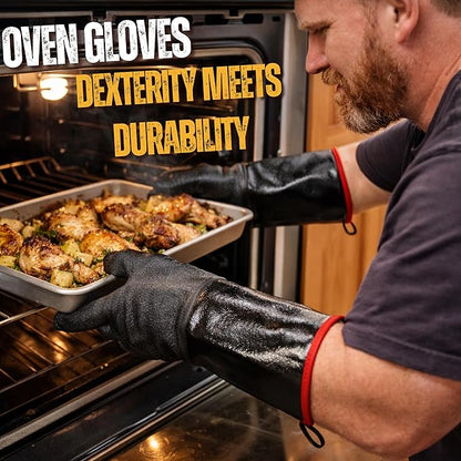 GRILL HEAT AID 932°F Heat Resistant BBQ Grill Gloves - Oil Resistant Waterproof Cooking Gloves for Deep Frying Turkey, Smoker Gloves Heat Proof for Grilling, Handling Hot Meat Rotisserie, 14" Neoprene