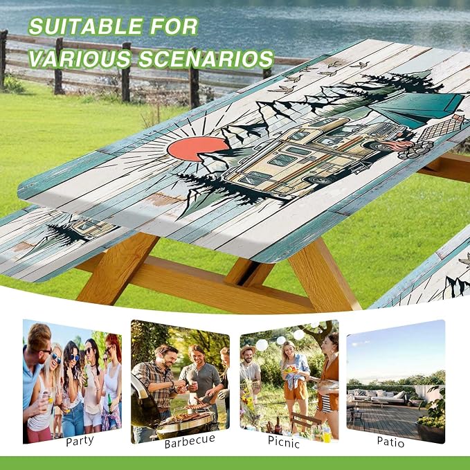 JAWO Camper RV Picnic Table Cover with Bench Covers, Camping Essentials Gear Supplies Outdoor Waterproof Windproof Tablecloth with Elastic, 30X72in