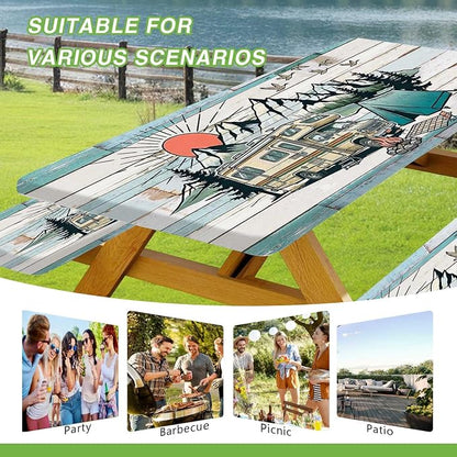 JAWO Camper RV Picnic Table Cover with Bench Covers, Camping Essentials Gear Supplies Outdoor Waterproof Windproof Tablecloth with Elastic, 30X72in