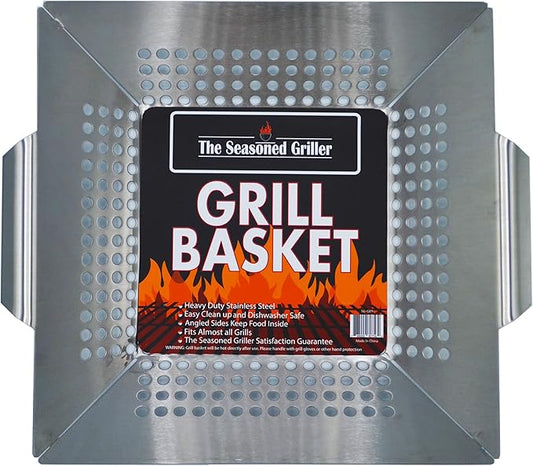 Professional Grade Stainless Steel Grill Basket, BBQ Accessories, Meats, Vegetables, Seafood, Pizza, Kabob. Fits Charcoal, Gas Grills Camping Cookware Grill Tool Gift for Dad