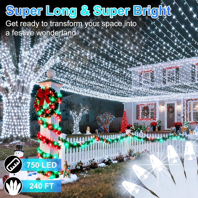 750 LED 240FT Christmas String Lights Outdoor, 12 Pro Modes with Timer | with Memory & Brightness, Plug-in Waterproof Clear Wire Twinkle Light for Xmas Yard Tree Wedding Party Decor (Cool White)
