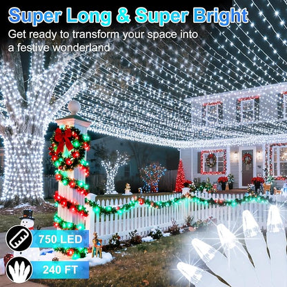 750 LED 240FT Christmas String Lights Outdoor, 12 Pro Modes with Timer | with Memory & Brightness, Plug-in Waterproof Clear Wire Twinkle Light for Xmas Yard Tree Wedding Party Decor (Cool White)