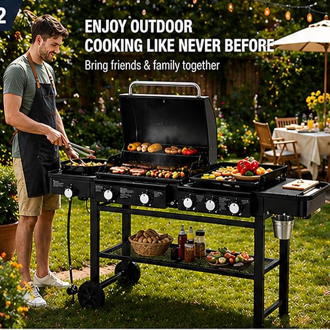 3-in-1 Outdoor BBQ Grill Combo – Gas & Charcoal Grill with Side Burner, Large Cooking Area, Multi-Function Barbecue Grill with Side Shelves & Wheels for Backyard, Patio & Party