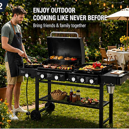 3-in-1 Outdoor BBQ Grill Combo – Gas & Charcoal Grill with Side Burner, Large Cooking Area, Multi-Function Barbecue Grill with Side Shelves & Wheels for Backyard, Patio & Party