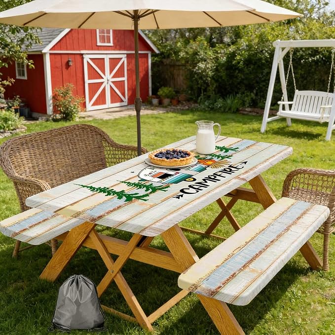 JAWO Rustic Camper Picnic Table Cover with Bench Covers, Flowes Boho Floral Camping RV Essentials Gear Supplies Outdoor Waterproof Windproof Tablecloth with Elastic, 72in
