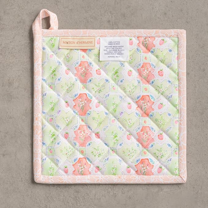Maison d' Hermine Pot Holders 100% Cotton Heat Resistant Potholders 8" x 8" Hot Pads with Loop BBQ Cooking Baking Hotel Farmhouse Kitchen Handling Hot Pans Spring Summer (Pack of 1, Bunny Party)