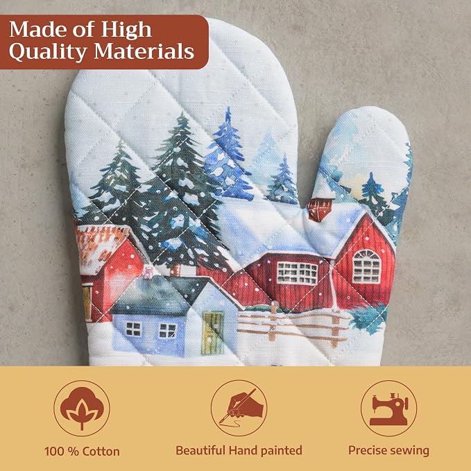 Maison d'Hermine Oven Gloves 100% Cotton Oven Mitt (7" x 13", Pack of 1) | With Loop Heat Resistant BBQ Cooking Gloves Baking Kitchen Handling Hot Pans Thanksgiving Christmas - Megeve