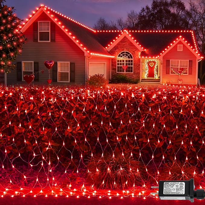 QITONG Red Net Lights Outdoor Mesh Lights, 360 LED 12ft x 5ft Christmas Net Light Plug in, 8 Modes Clear Wire Bush Light