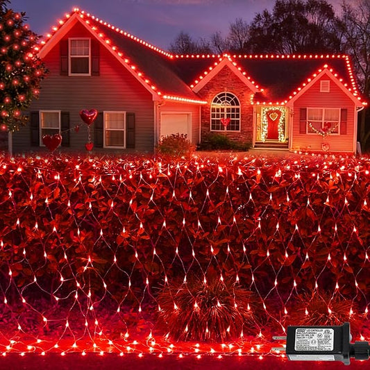 QITONG Red Net Lights Outdoor Mesh Lights, 360 LED 12ft x 5ft Christmas Net Light Plug in, 8 Modes Clear Wire Bush Light