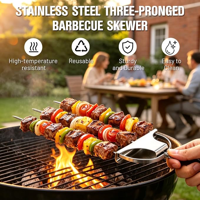 3 Prong Skewers for Grilling, Reusable Metal Kabob Skewers | 14.7" Stainless Steel BBQ Skewer with Push-Off Slider, Outdoor Grill Accessories, for Barbecuing, Grilling