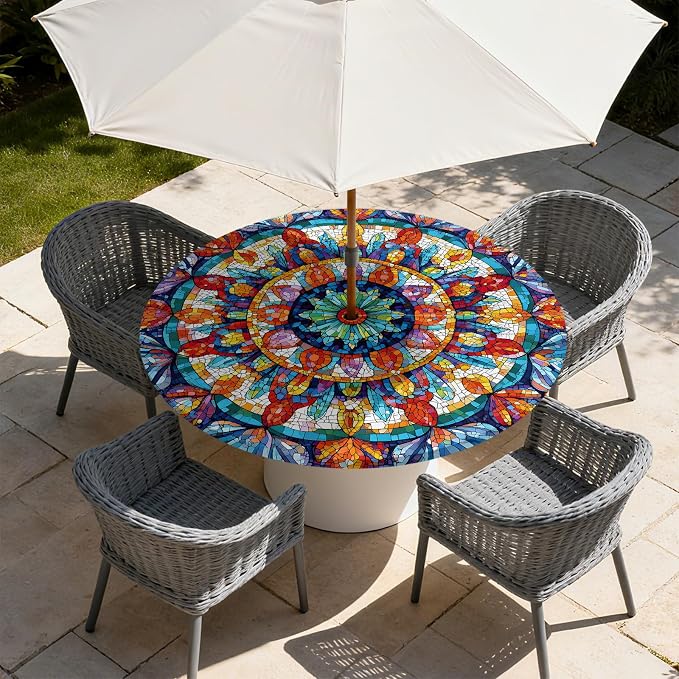 Outdoor Tablecloth with Umbrella Hole and Zipper Fits 45-48" Tables | Waterproof Round Fitted Tablecloth with Elastic Edge, Wipeable Outdoor Table Cover for Patio, Garden, Picnic