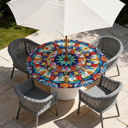 Outdoor Tablecloth with Umbrella Hole and Zipper Fits 45-48" Tables | Waterproof Round Fitted Tablecloth with Elastic Edge, Wipeable Outdoor Table Cover for Patio, Garden, Picnic