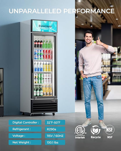 EUHOMY 9 Cu.Ft Commercial Display Refrigerator, Glass Door Merchandiser Drink Fridge with Adjustable Shelves and Soft LED Light, Commercial Beverage Refrigerator for Cafe, Restaurant, Bar(Black)
