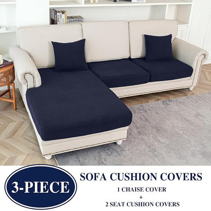 LA MEACK Couch Cushion Covers for Sectional Sofa L Shape Washable Separate Seat Chaise Couch Cover Stretch Sofa Slipcovers with 2 Pcs Pillowcases(2 Seater + 1 Chaise, Navy)