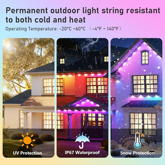 AHAWILL 200FT Christmas Permanent Outdoor Lights, IP67 Eaves Lights | Waterproof Outdoor Christmas Strings for House with Remote & APP