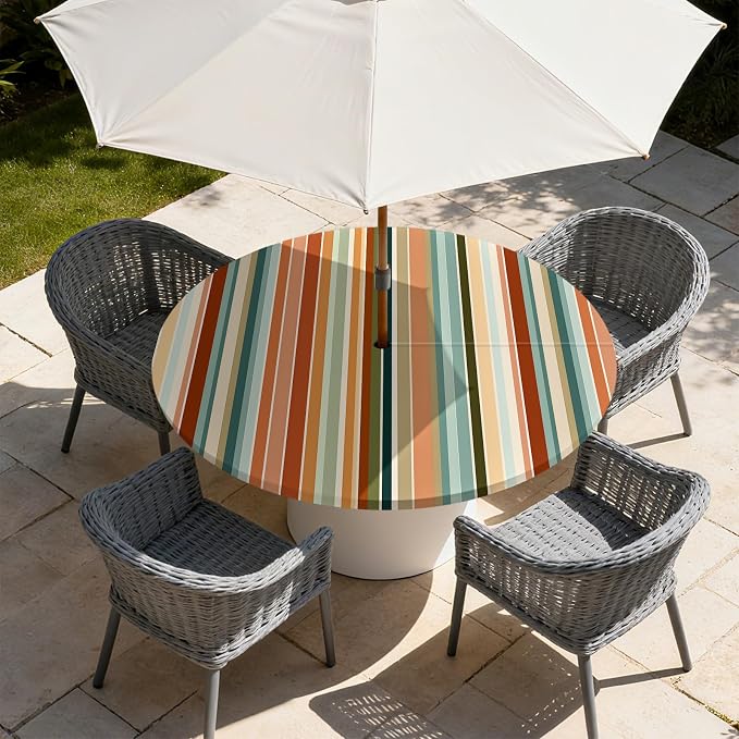 Outdoor Tablecloth with Umbrella Hole and Zipper Fits 37-44" Tables | Waterproof Round Fitted Tablecloth with Elastic Edge, Wipeable Outdoor Table Cover for Patio, Garden, Picnic