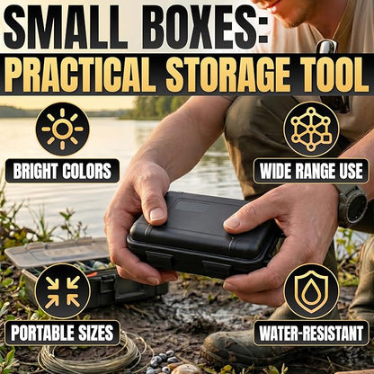 2 Pcs Small Waterproof Box Set, 4.92x2.95x1.53", (Black & Khaki) | Geocache Containers; Durable Plastic Shell, Foam Insert, Tether Loops; for Hiking, Travel, Camping, and Fishing Gear