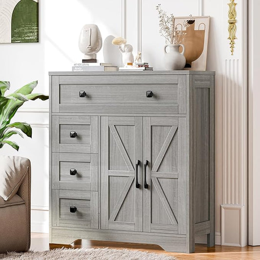 Vabches Farmhouse Storage Cabinet with 2 Doors and 4 Drawers, Freestanding Bathroom Storage Cabinet Kitchen Pantry, Floor Hutch Cupboard for Bathroom/Living Room/Kitchen.(Wash Grey