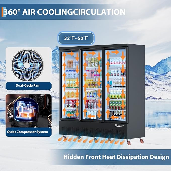 52.9 Cu.Ft Commercial Display Refrigerator,Glass Door Beverage Cooler with Adjustable Shelves,LED Lighting & Advertising Panel, Mobile Design,