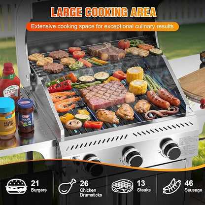 Electactic Propane Gas Grill, 3-Burner 24,000 BTU Stainless Steel BBQ Grill with Foldable Shelf for Outdoor Barbecue and Cooking