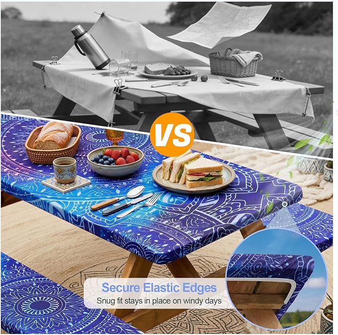 Picnic Table Cover Bench Covers Camping Essentials Tablecloth | Waterproof Vinyl for Outdoor, Windproof Elastic Fitted Edges, RV BBQ Accessories Must Haves, Storage Bag Included
