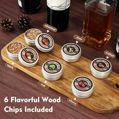 Electric Cocktail Smoker Kit with Unique Charred Wooden Glasses, Whiskey Smoker Kit with 6 Flavors Wood Chips, Instant Smoke Output – Ideal Gift for Cocktail & Whiskey Lovers