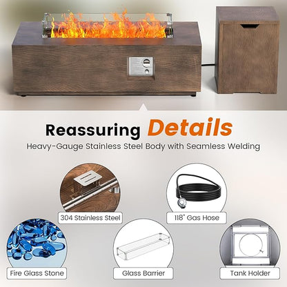 SUNPEAK 42" Rectangular Propane Fire Pit Table 50,000 BTU Fireplace Table with Wind Guard, Lid, Rocks and Cover - Fire Pits & Outdoor Fireplaces - Gas Fire Pits for Outside Patio (Teak Finish, 42")