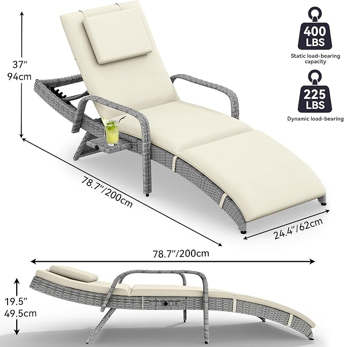 YITAHOME Wicker Chaise Lounge Outdoor, Rattan Pool Lounge Chair Reclining Chaise Lounge Set w/Pull-Out Desktop, 5-Position backrest, Headrest & Cushion, Armrests for Poolside, Beach, Outside(Beige)
