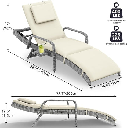 YITAHOME Patio Chaise Lounge Chair Set of 2, Wicker Chaise Lounge Outdoor Rattan Reclining Chair with Armrests/Pull-Out Cup Holder/5-Position Backrest/Cushion & Headrest-Beige
