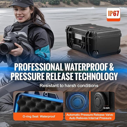 VEVOR Weatherproof Hard Case, Heavy Duty Protective Dry Box with Pre-Cut Foam, Wheels & Retractable Pull Handle for Travel, Hunt, Military, Tactical, IP67 Waterproof Case for Cameras (21.7*13.4*9.5")